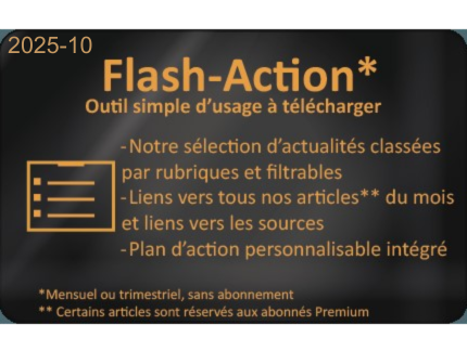 Flash-Action de DMEXPERTS. Veille réglementaire et normative sur les dispositifs médicaux. Outil simple d'usage à télécharger. Notre sélection d'actualités classées par rubriques et filtrables. Liens vers tous nos articles du mois et liens vers les sources. Plan d'action personnalisable intégré. Mensuel ou trimestriel, sans abonnement. Certains articles sont réservés aux abonnés Premium