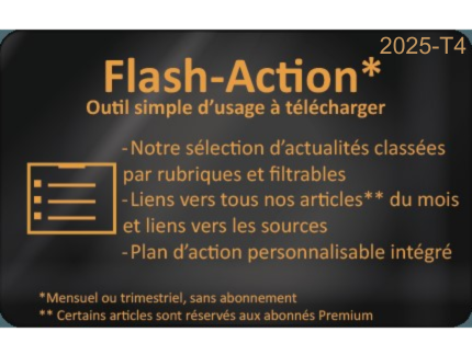 Flash-Action de DMEXPERTS. Veille réglementaire et normative sur les dispositifs médicaux. Outil simple d'usage à télécharger. Notre sélection d'actualités classées par rubriques et filtrables. Liens vers tous nos articles du mois et liens vers les sources. Plan d'action personnalisable intégré. Mensuel ou trimestriel, sans abonnement. Certains articles sont réservés aux abonnés Premium