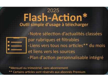 Flash-Action de DMEXPERTS. Veille réglementaire et normative sur les dispositifs médicaux. Outil simple d'usage à télécharger. Notre sélection d'actualités classées par rubriques et filtrables. Liens vers tous nos articles du mois et liens vers les sources. Plan d'action personnalisable intégré. Mensuel ou trimestriel, sans abonnement. Certains articles sont réservés aux abonnés Premium